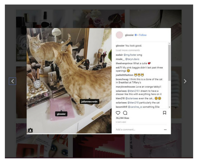 Specific Example of User Generated Content for Instagram. Example pulled from Glossier Instagram Account.